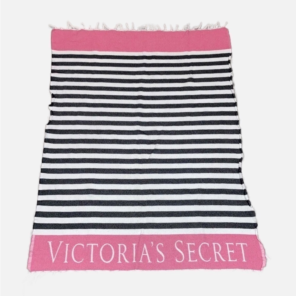 Victorias Secret Blanket Throw Cotton Black White Striped Logo Pink Beach NEW